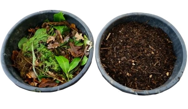 Compost before and after. When compost rots, its volume decreases and it sinks.