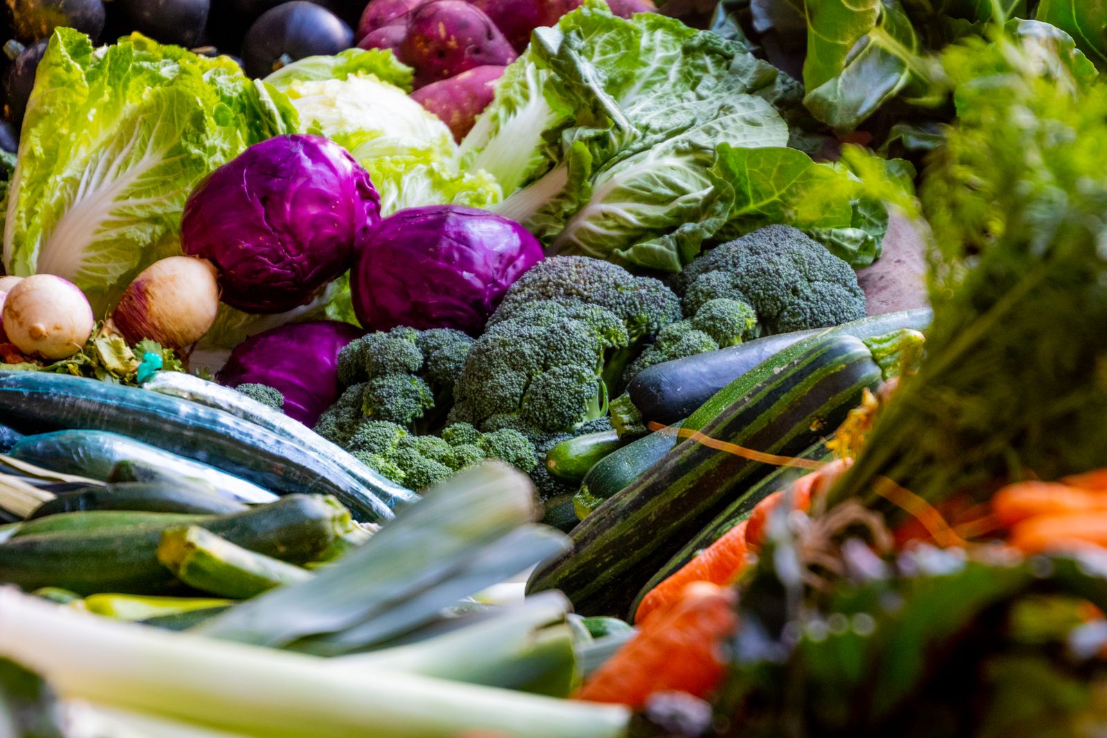 Colorful fresh vegetables including tomatoes, peppers, onions and leafy greens arranged on a table